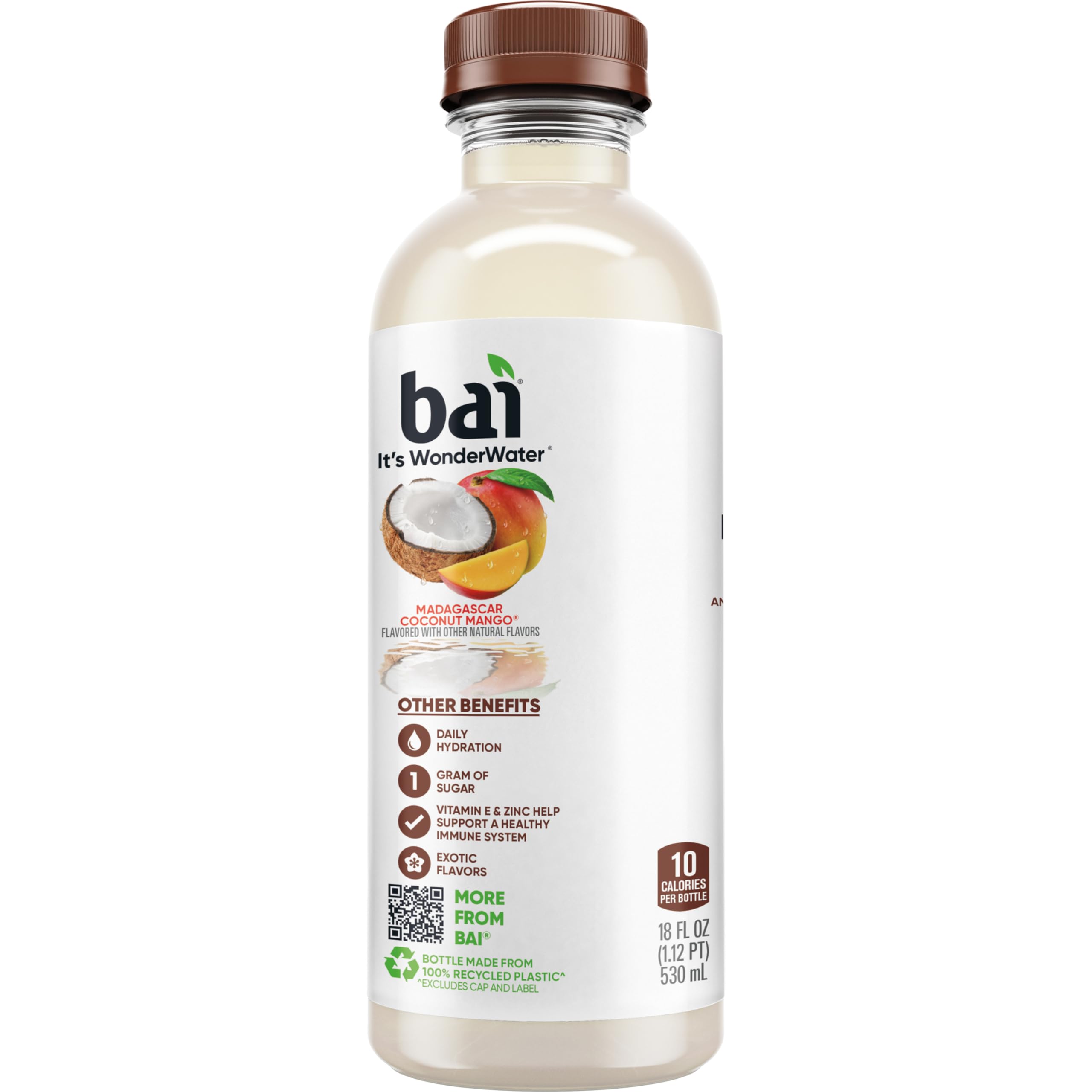 Bai Madagascar Coconut Mango vitamin C and zinc badge highlighting immune-related messaging.