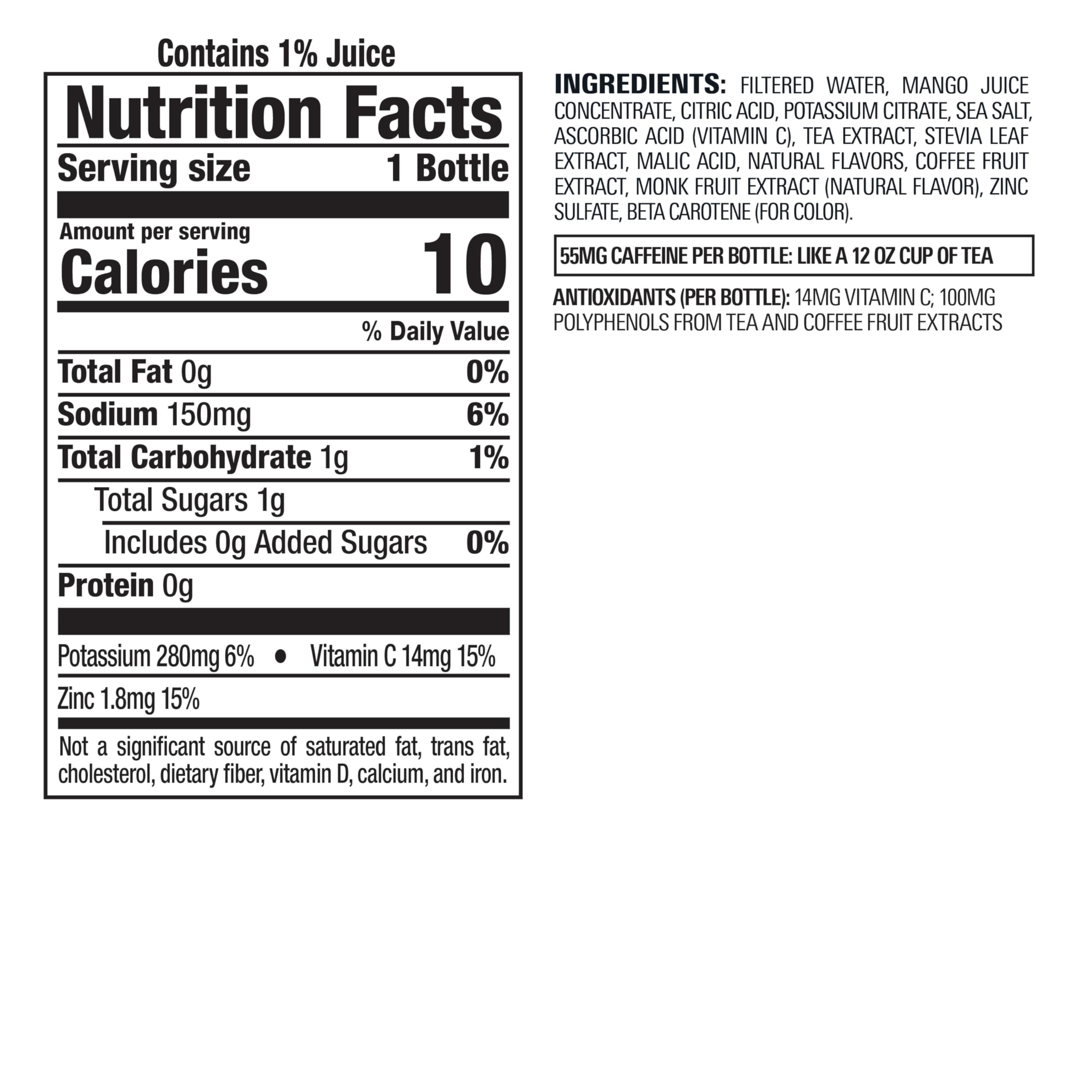 Bai Malawi Mango label closeup highlighting antioxidant-infused formula.