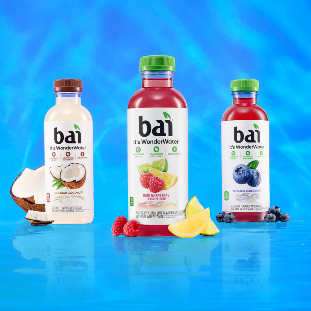 Bai logo and bottle cap area with eco-friendly packaging cues.