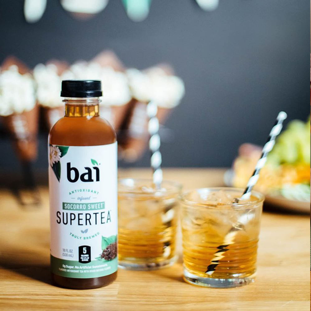 Caffeine note on Bai Socorro Sweet bottle, about 30 mg per serving.