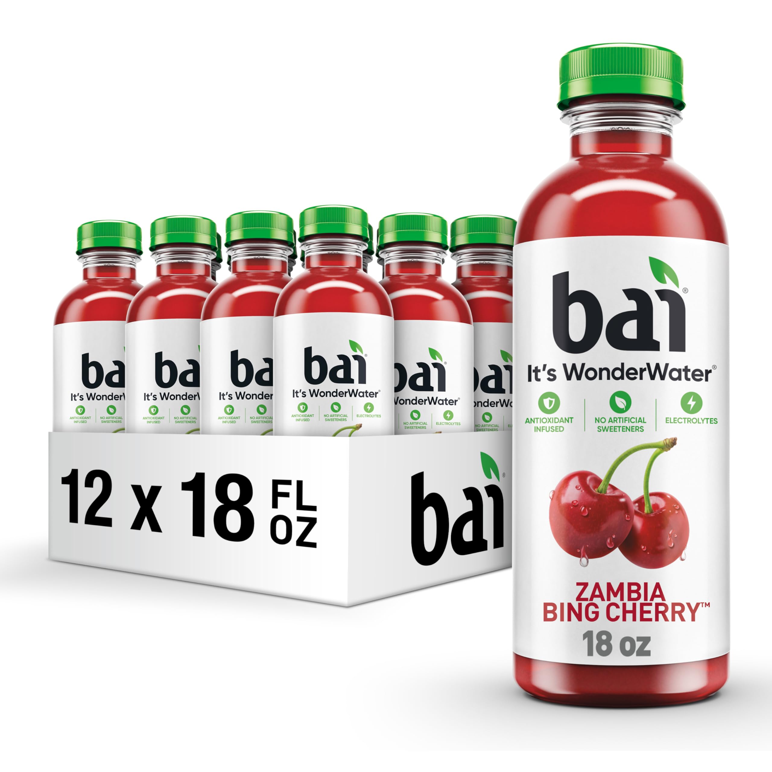 Bai Zambia Bing Cherry bottle front shows bold flavor and antioxidant-infused hydration.