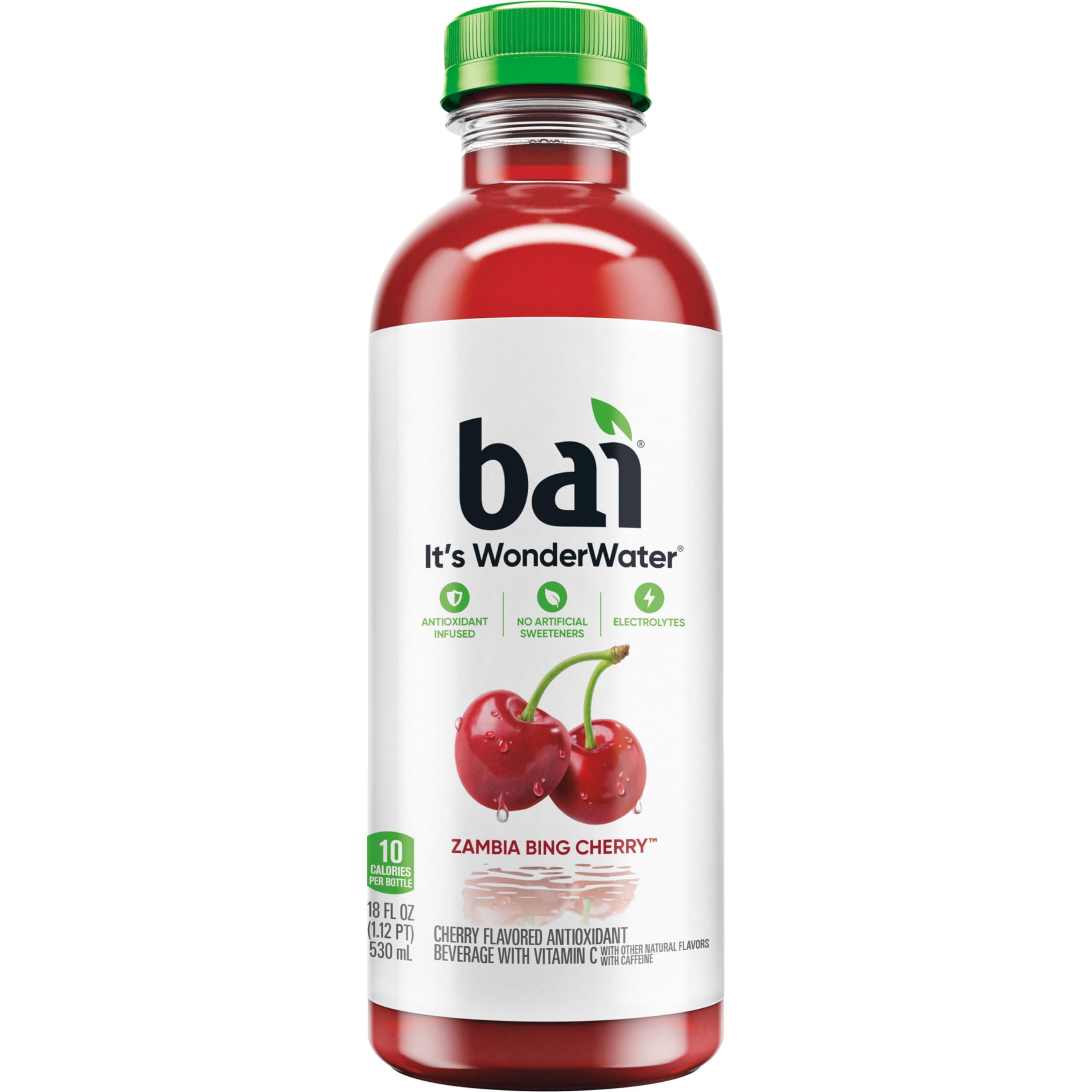Bai Zambia Bing Cherry bottle in fridge suggests ready-to-drink refreshment.