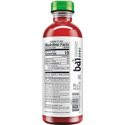 Bai Zambia Bing Cherry label close-up highlights natural stevia sweetness.