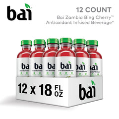 Bai Zambia Bing Cherry bottle pour captures a refreshing cherry flavor in action.