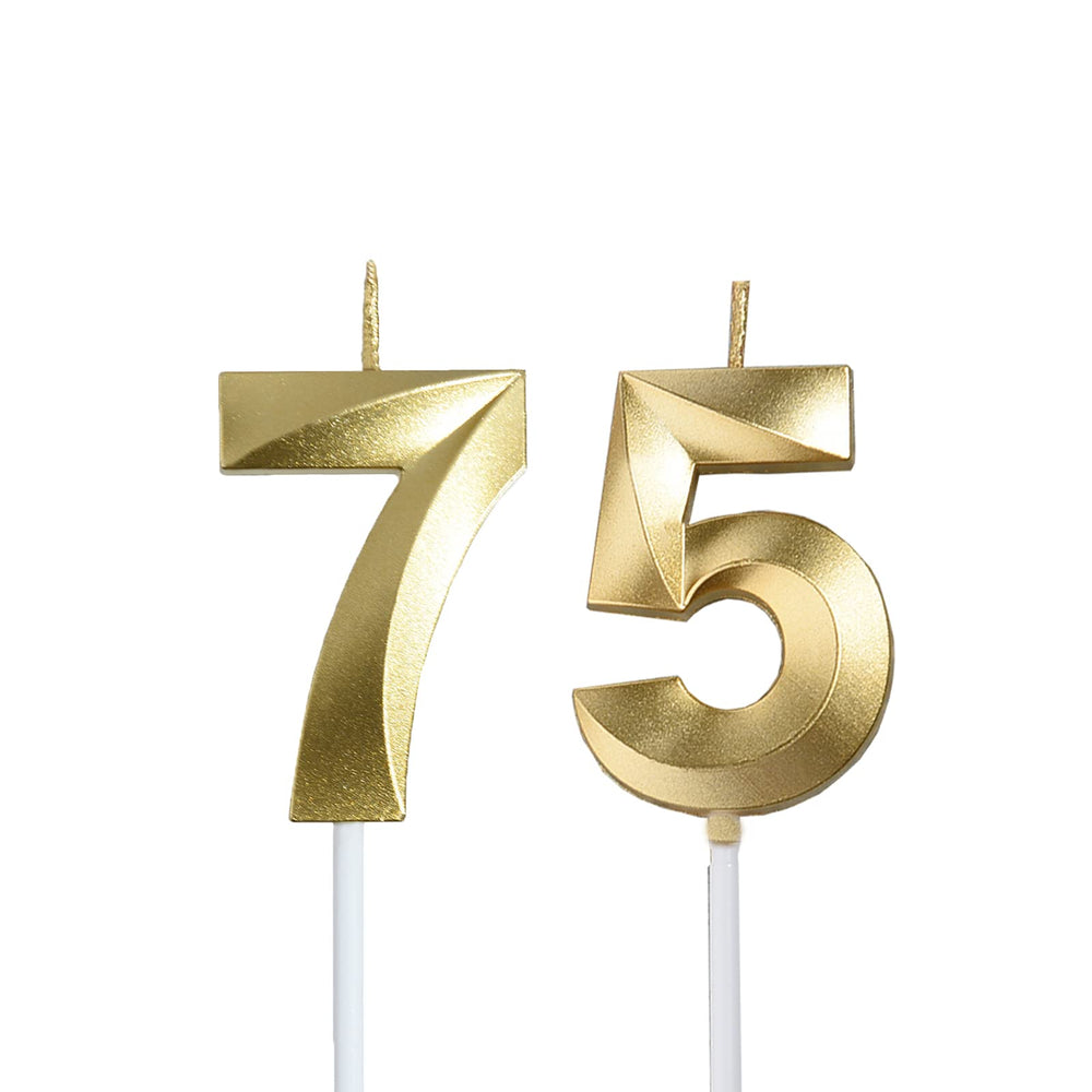 Bailym gold 75th birthday candle topper adds milestone sparkle on cake.