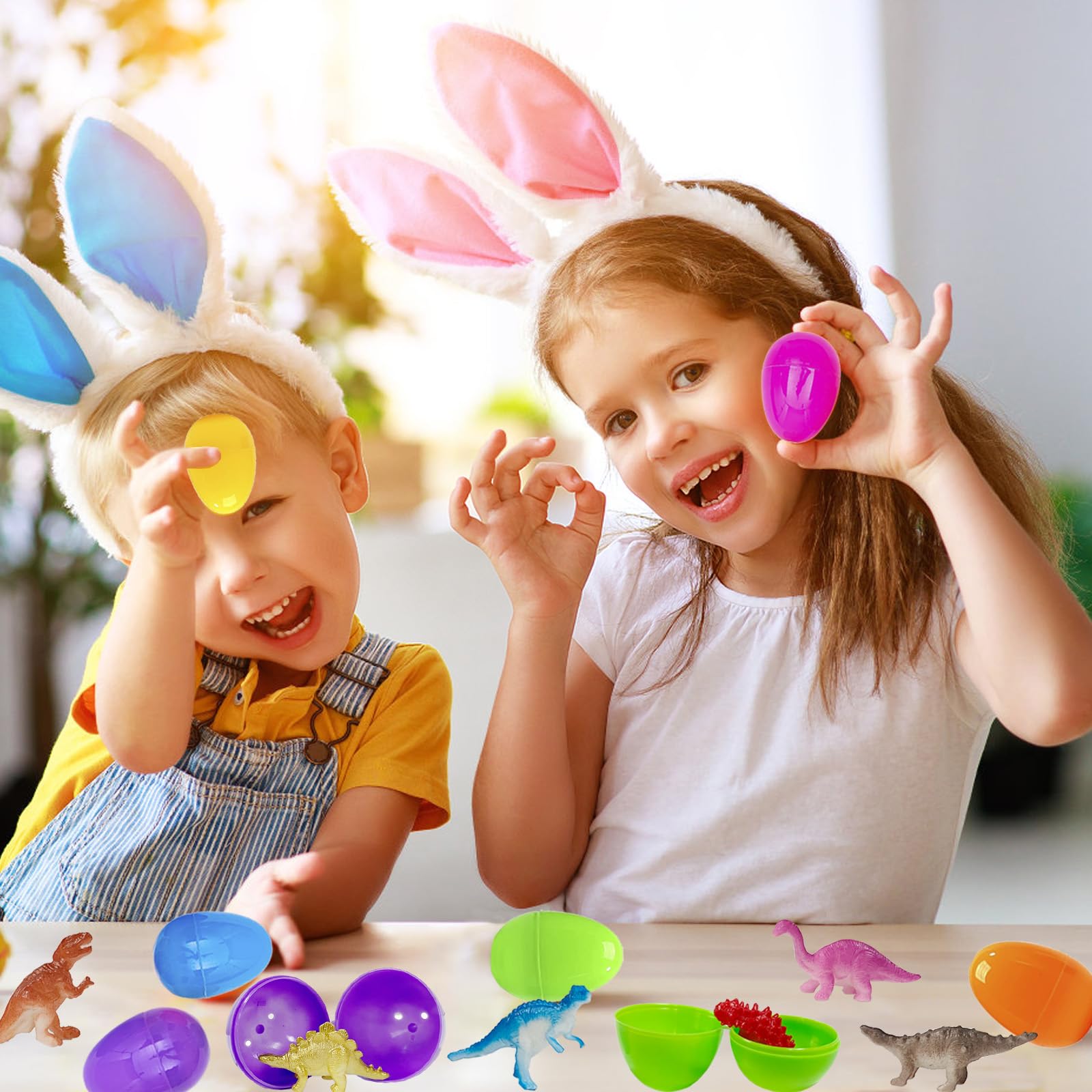 BAINFE dinosaur miniatures inside colorful eggs for classroom prizes and play