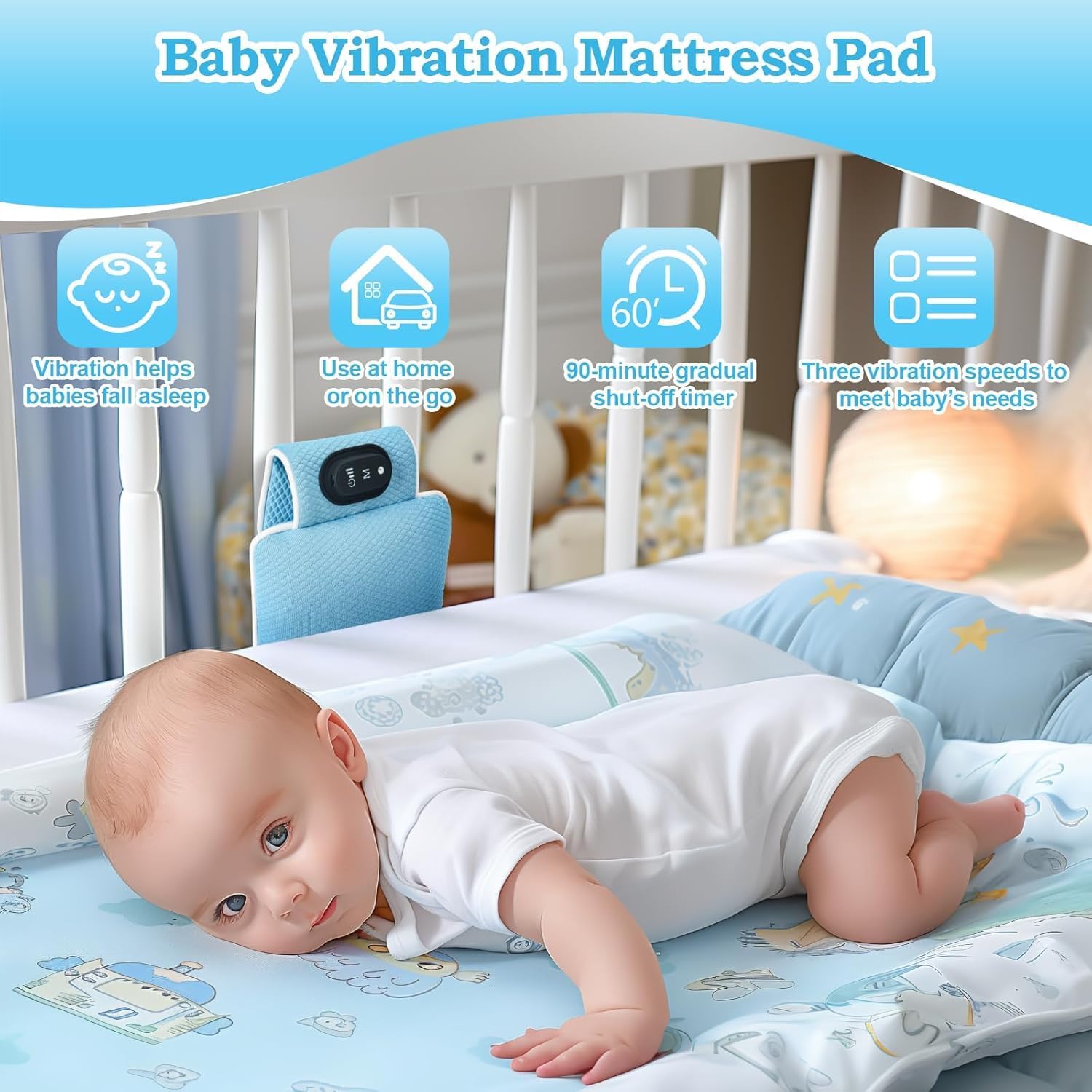 Bakeling Vibrating Mattress Pad is portable for crib or stroller use.