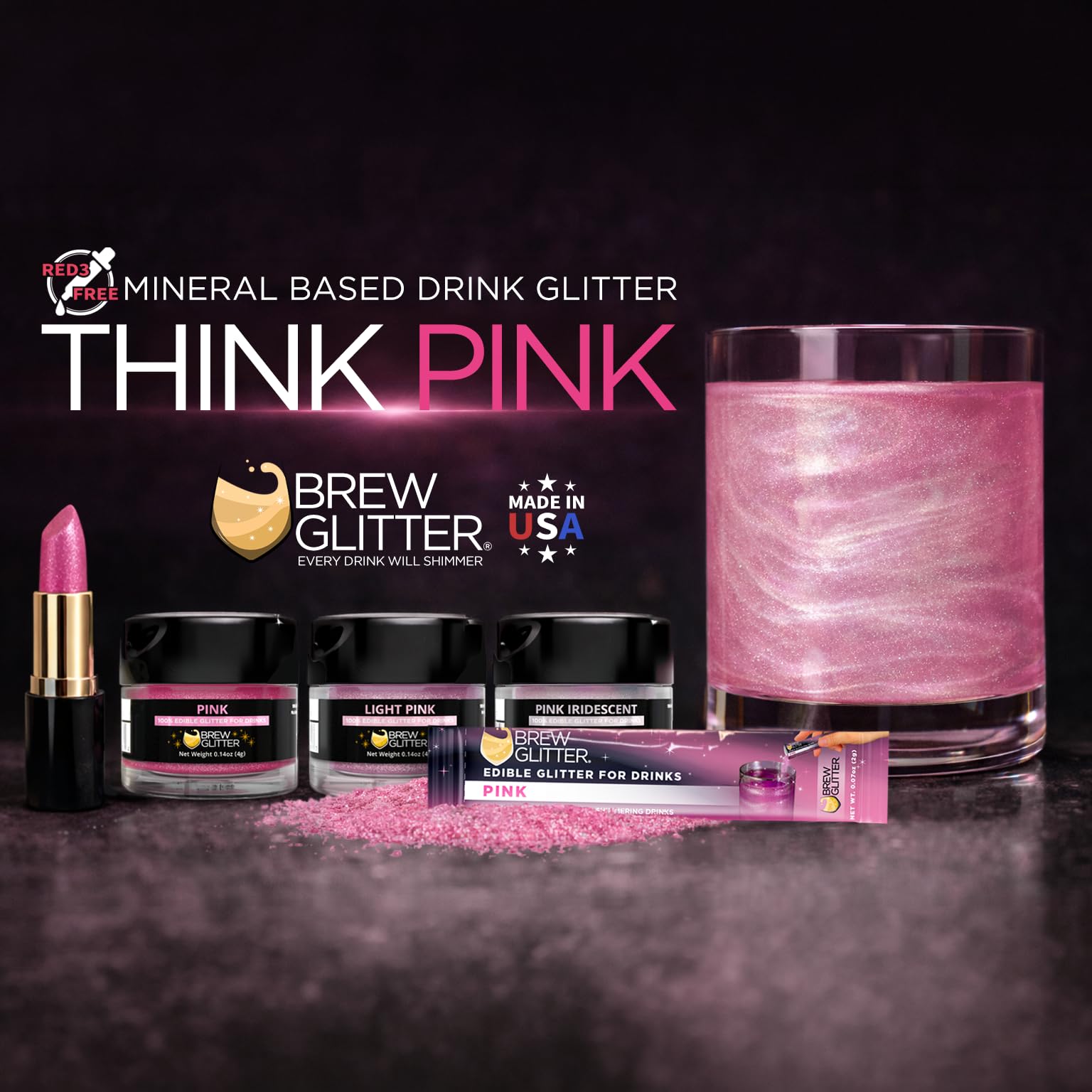Bakell Brew Glitter pink pour enhances glass with sparkling color