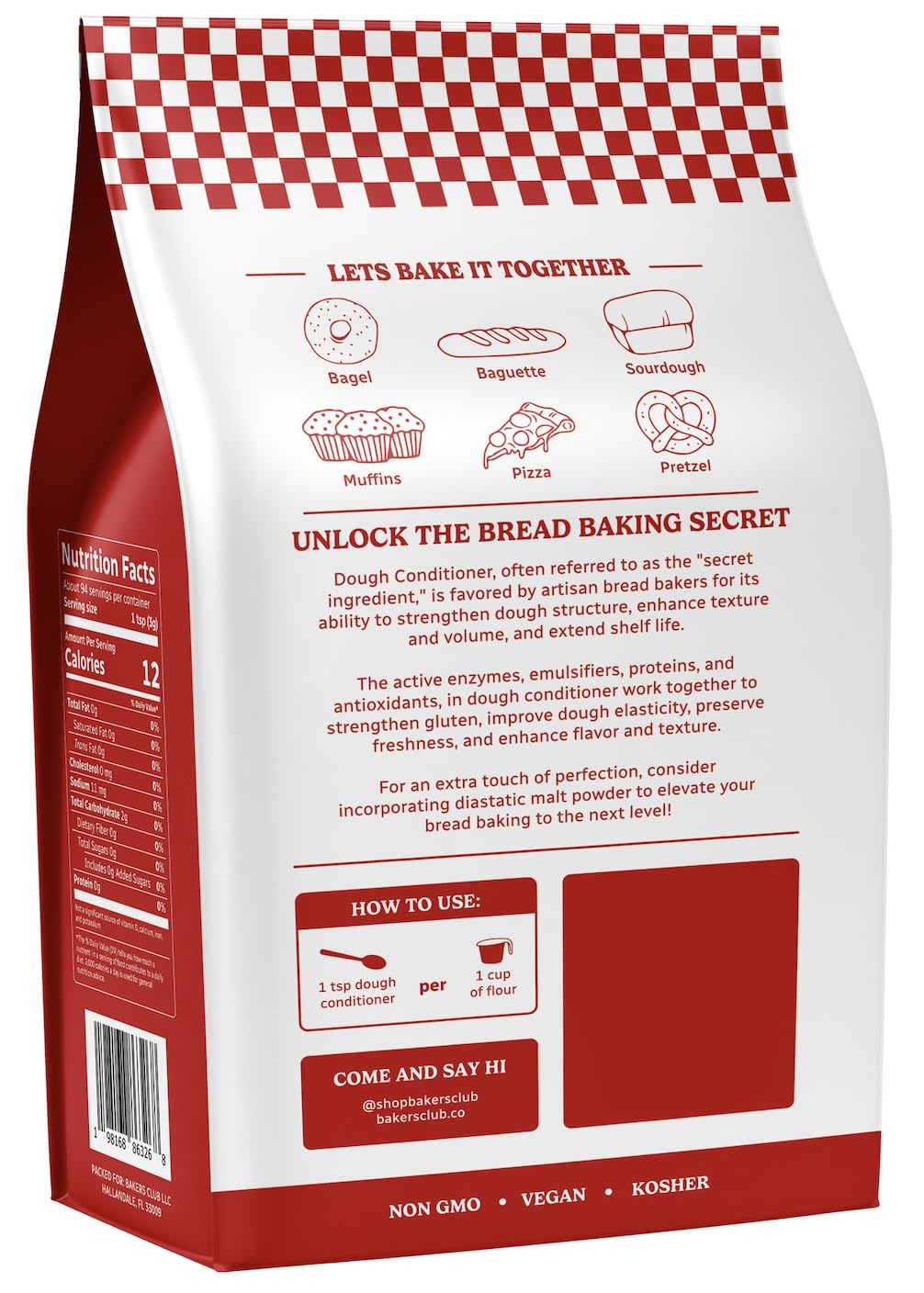 Bakers Club Dough Conditioner bottle pour enables quick measured dosing for consistent results.