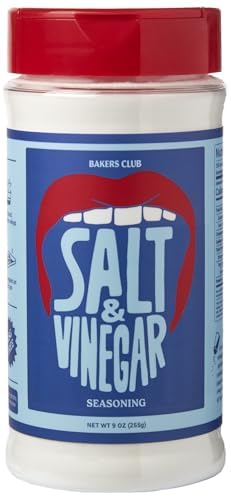 Bakers Club Salt & Vinegar seasoning jar on shelf adds tangy zest to snacks.