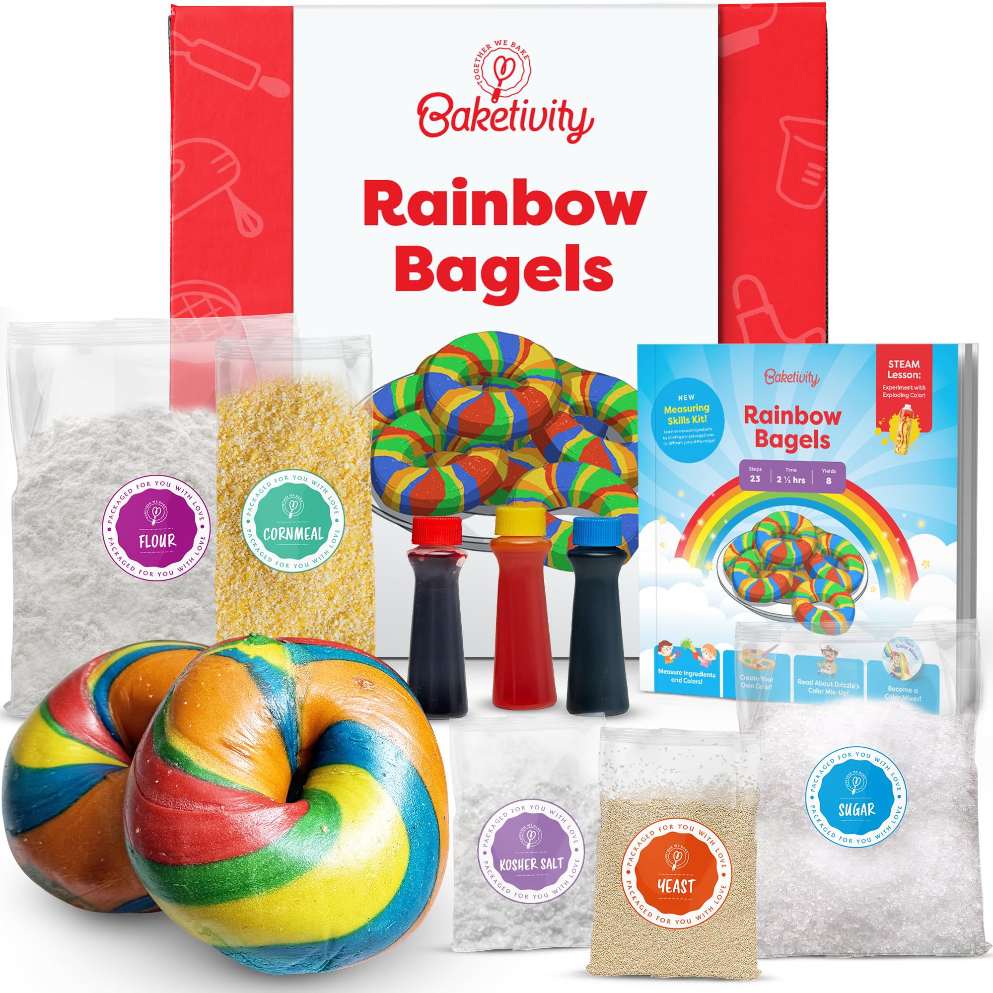 Baketivity rainbow bagel kit with pre-measured ingredients for easy kid-friendly baking.