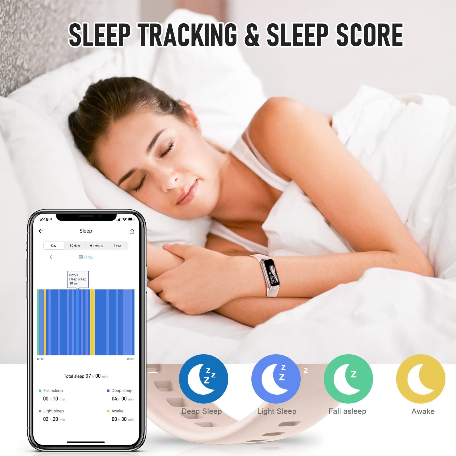 Bakoor Fitness Tracker Sleep Tracker logs sleep stages for trends