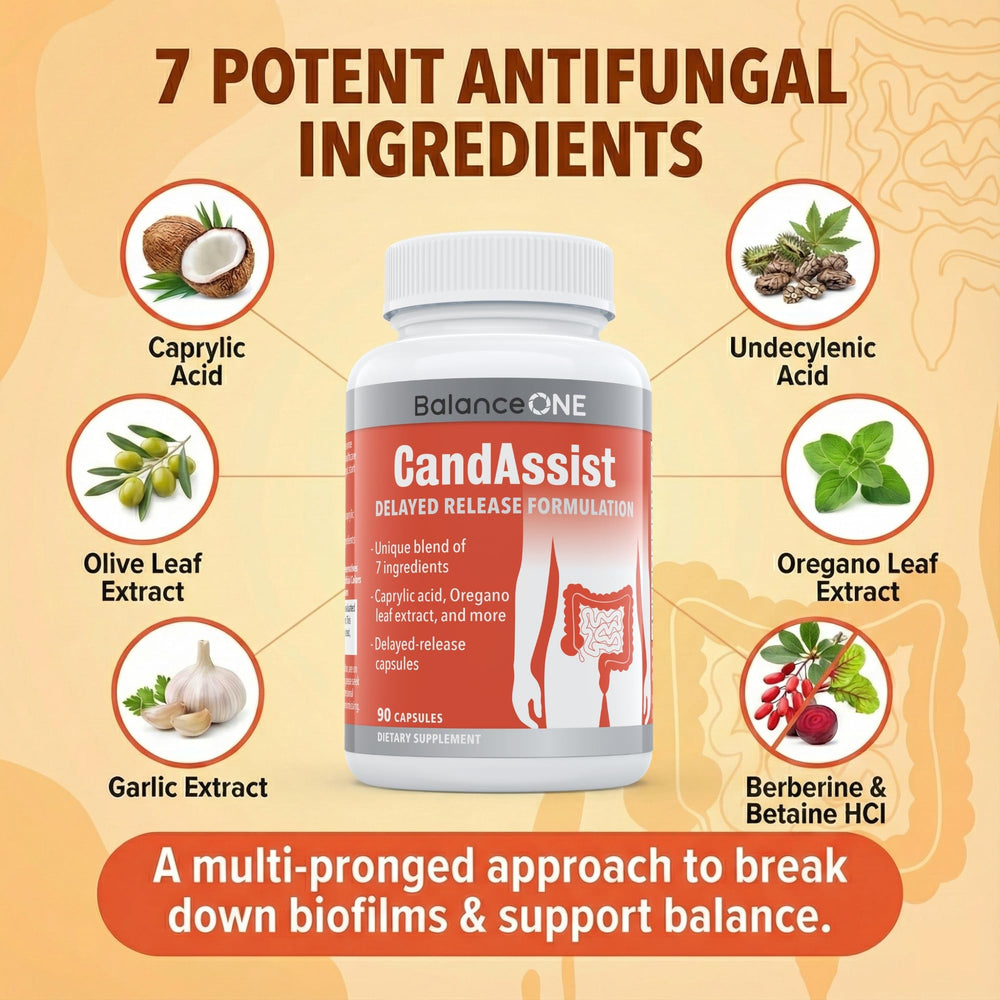 Balance ONE capsules close-up highlights caprylic and berberine for yeast support.