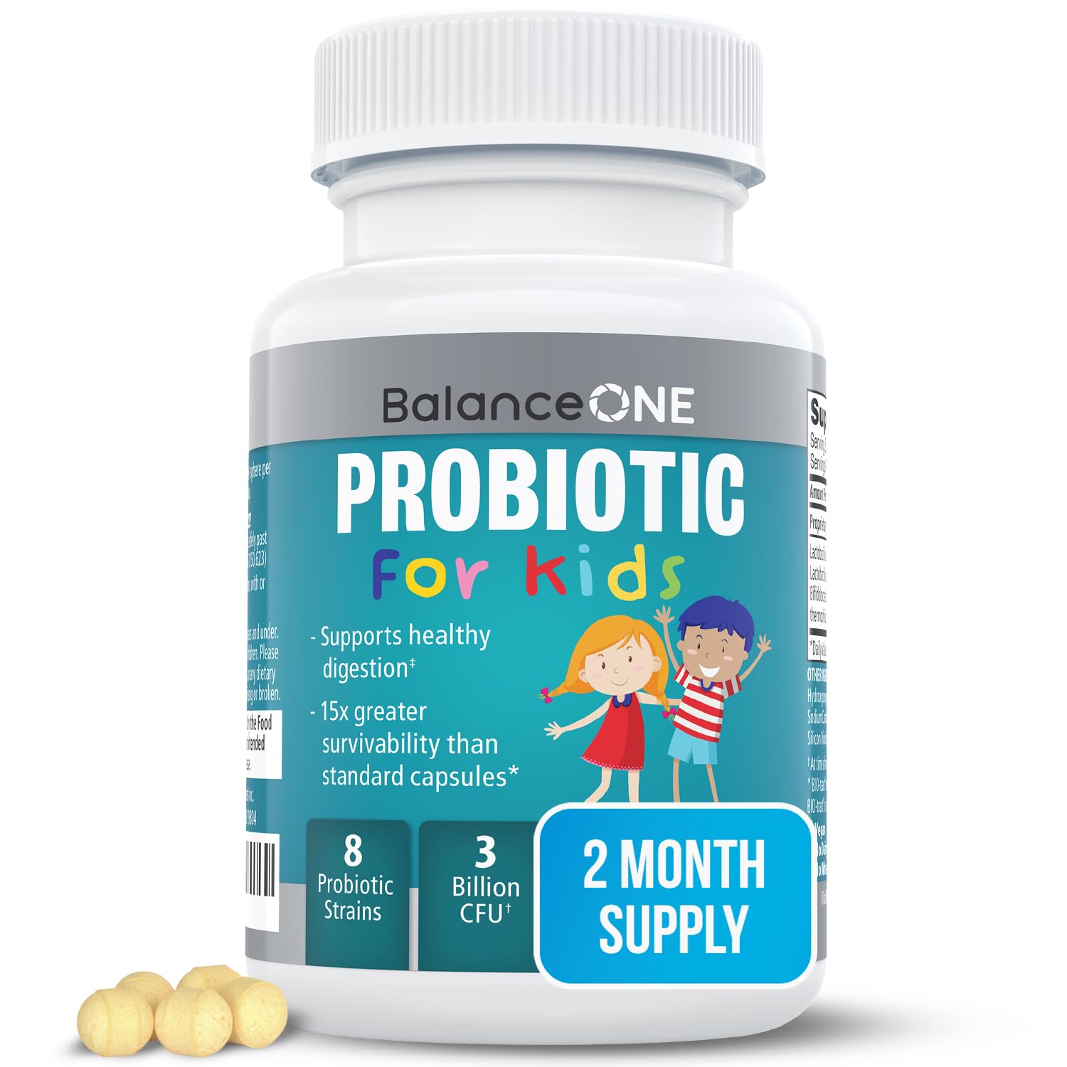 Balance ONE Time-Release Kids Probiotic bottle showing kid-friendly design for gentle digestion