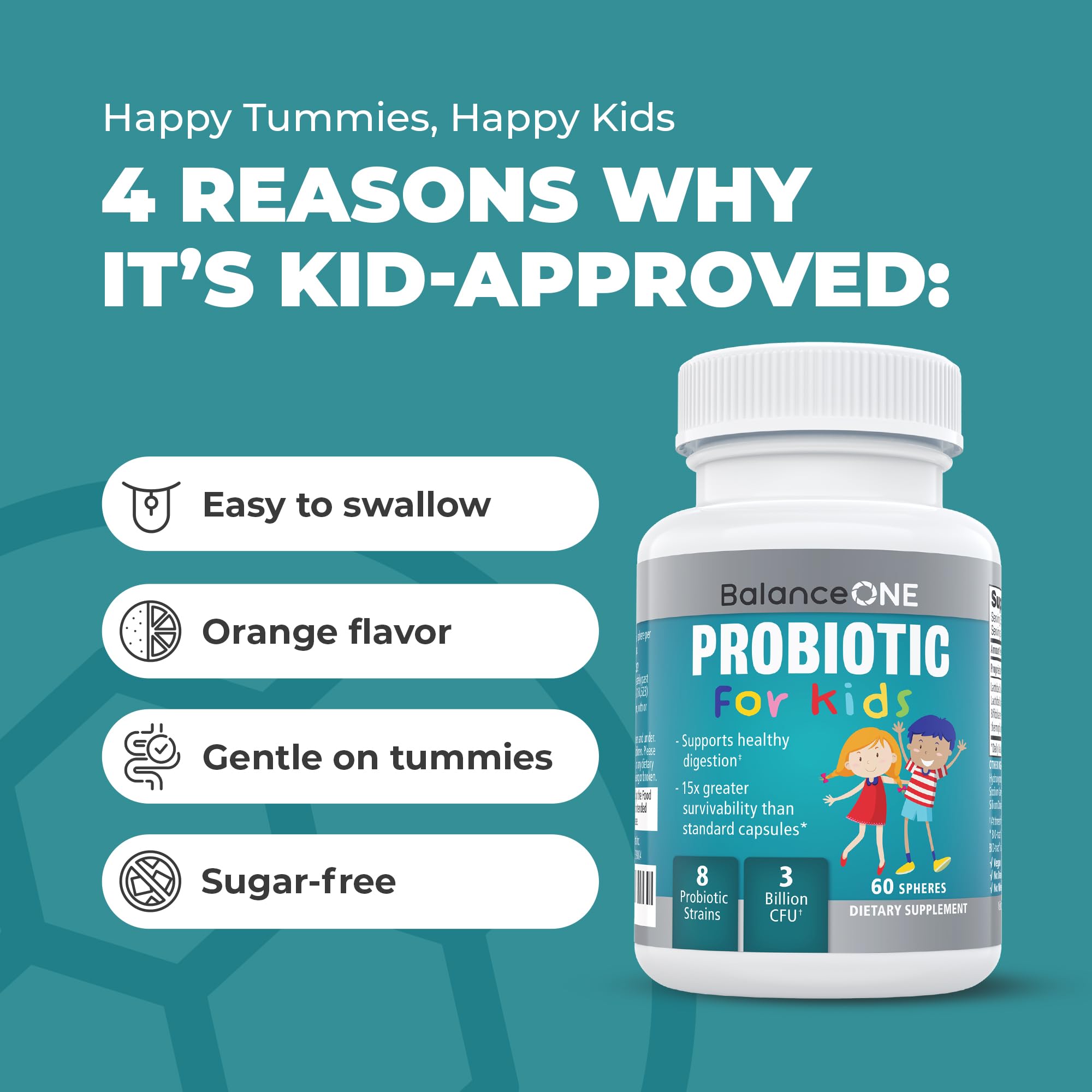 Balance ONE orange-flavored probiotic pearls offering kid-friendly taste with no sugar