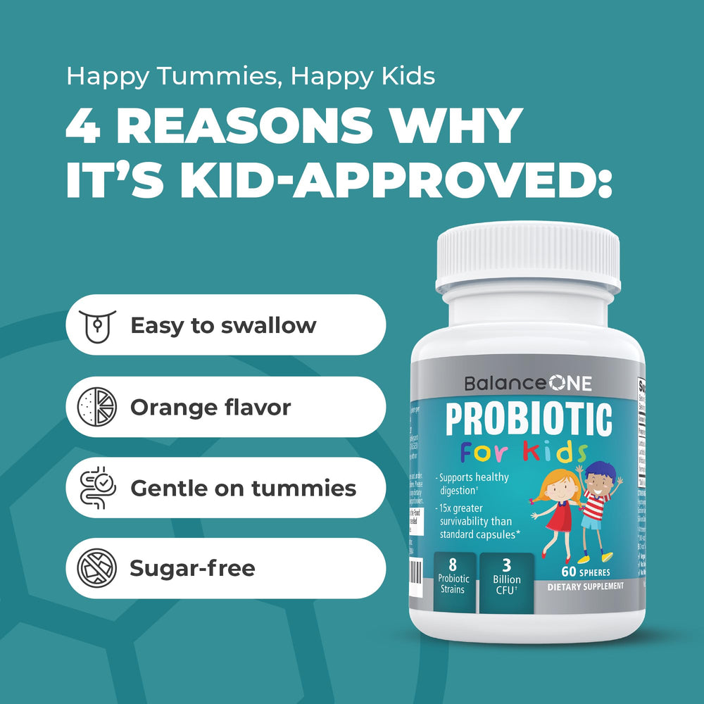 Balance ONE orange-flavored probiotic pearls offering kid-friendly taste with no sugar