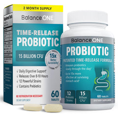 Balance ONE time-release probiotic bottle showing daily dosing and packaging benefits