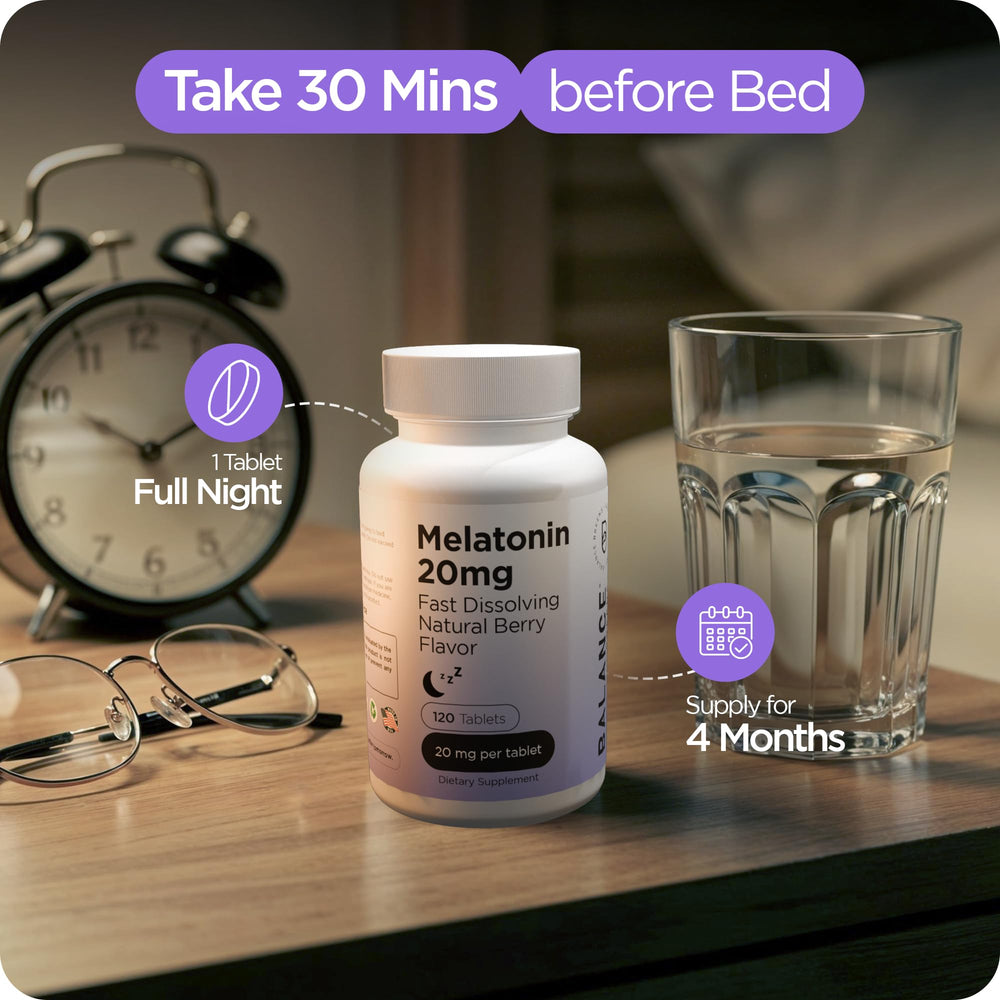 Balancebreens drug-free melatonin 20mg supports natural sleep without grogginess.