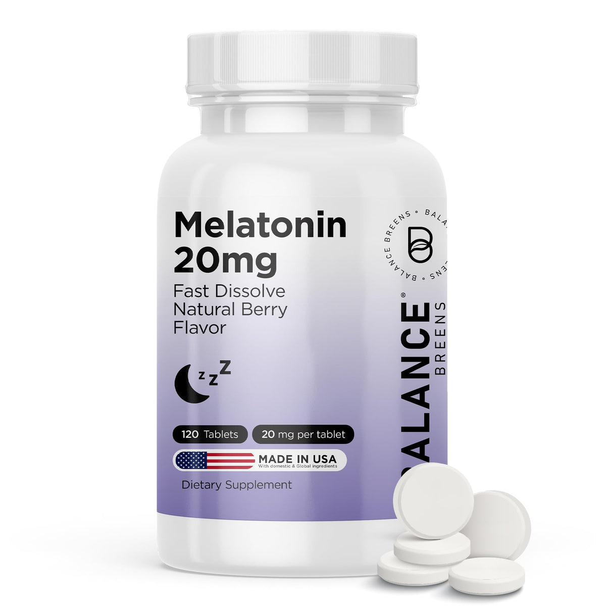 Balancebreens Melatonin 20mg fast-dissolve tablet for quick sleep onset without grogginess.