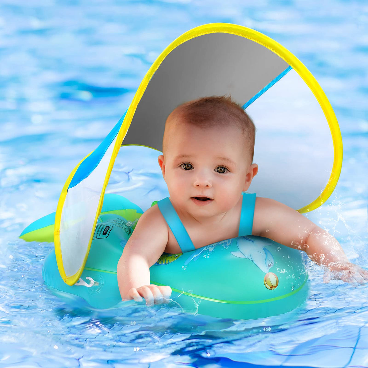 Balhvit no-flip baby pool float with canopy provides stable seating for water play.