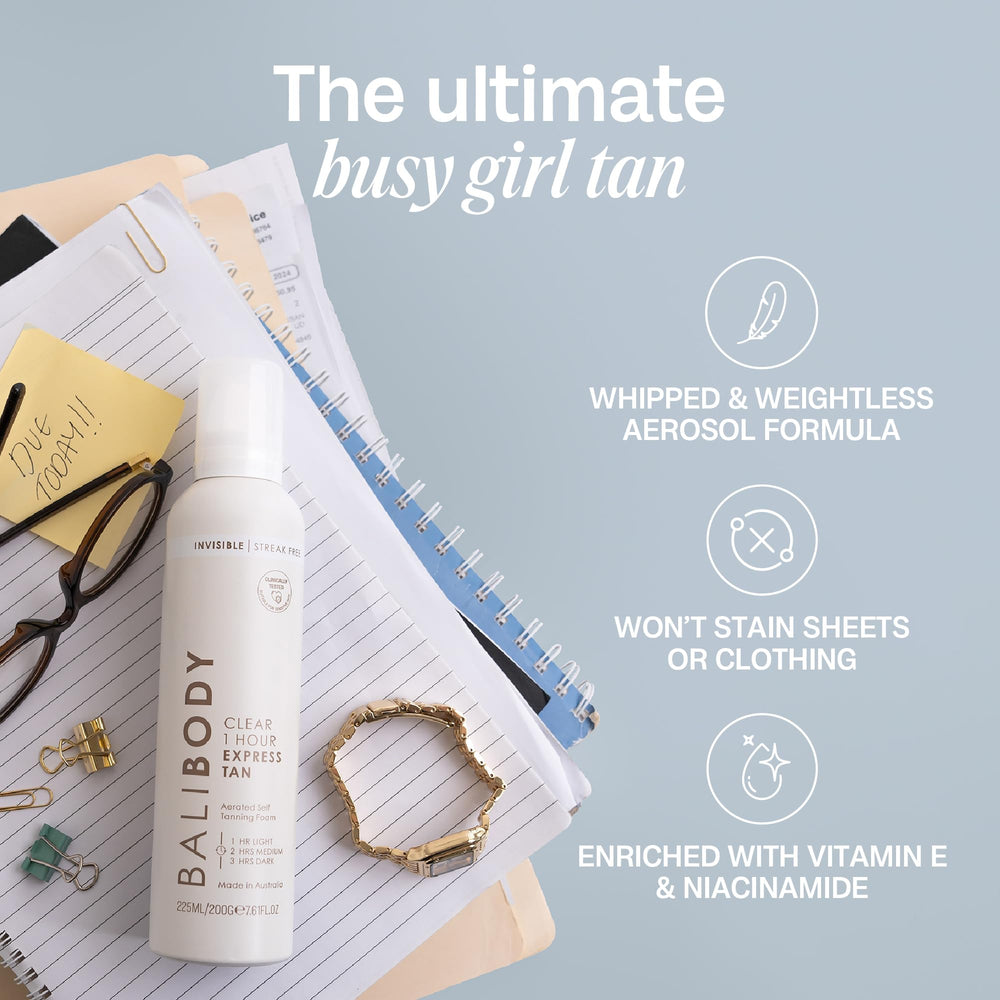 BALI BODY Clear 1 Hour Express bottle shows soft bronze glow.