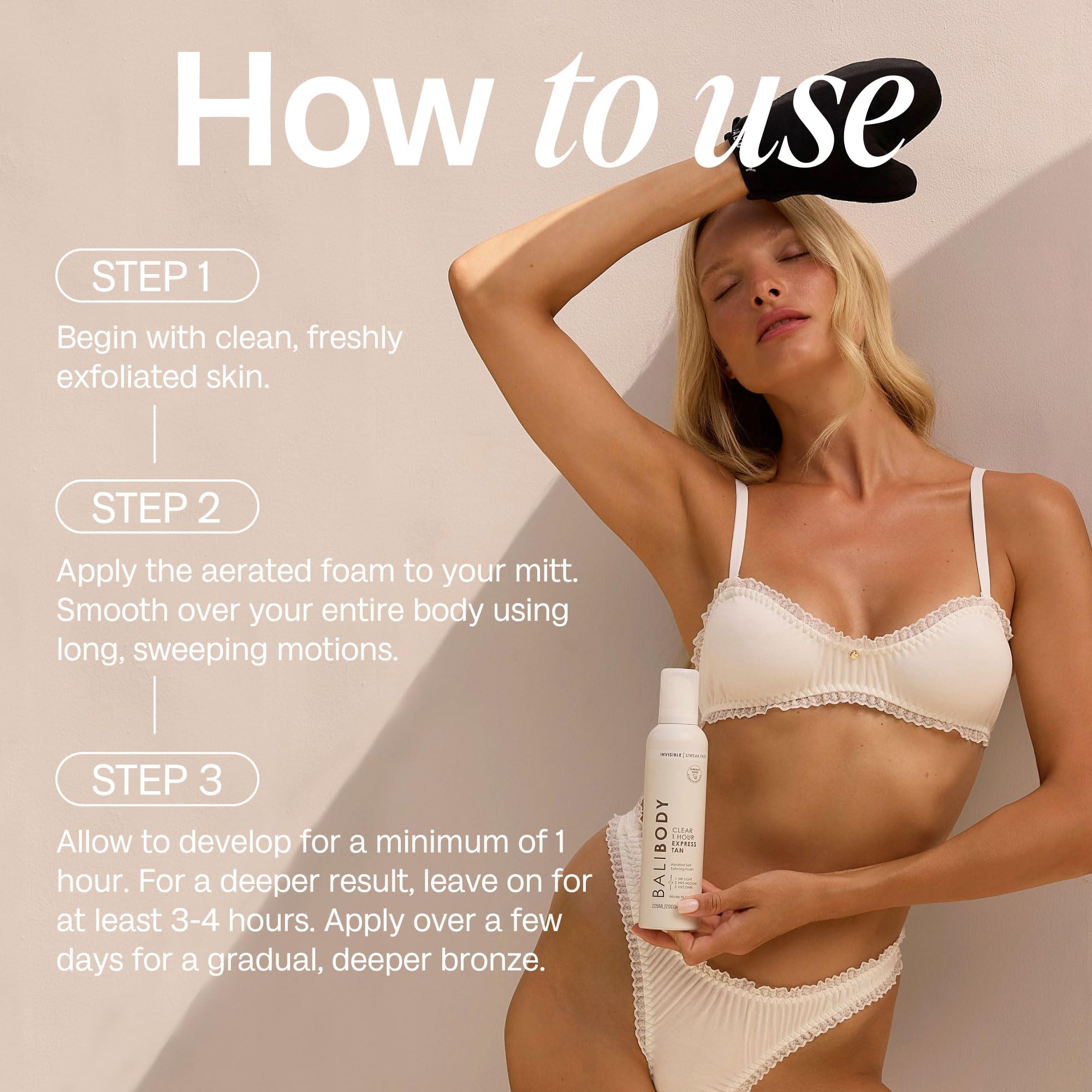 BALI BODY Clear express tan packaging with clean design.