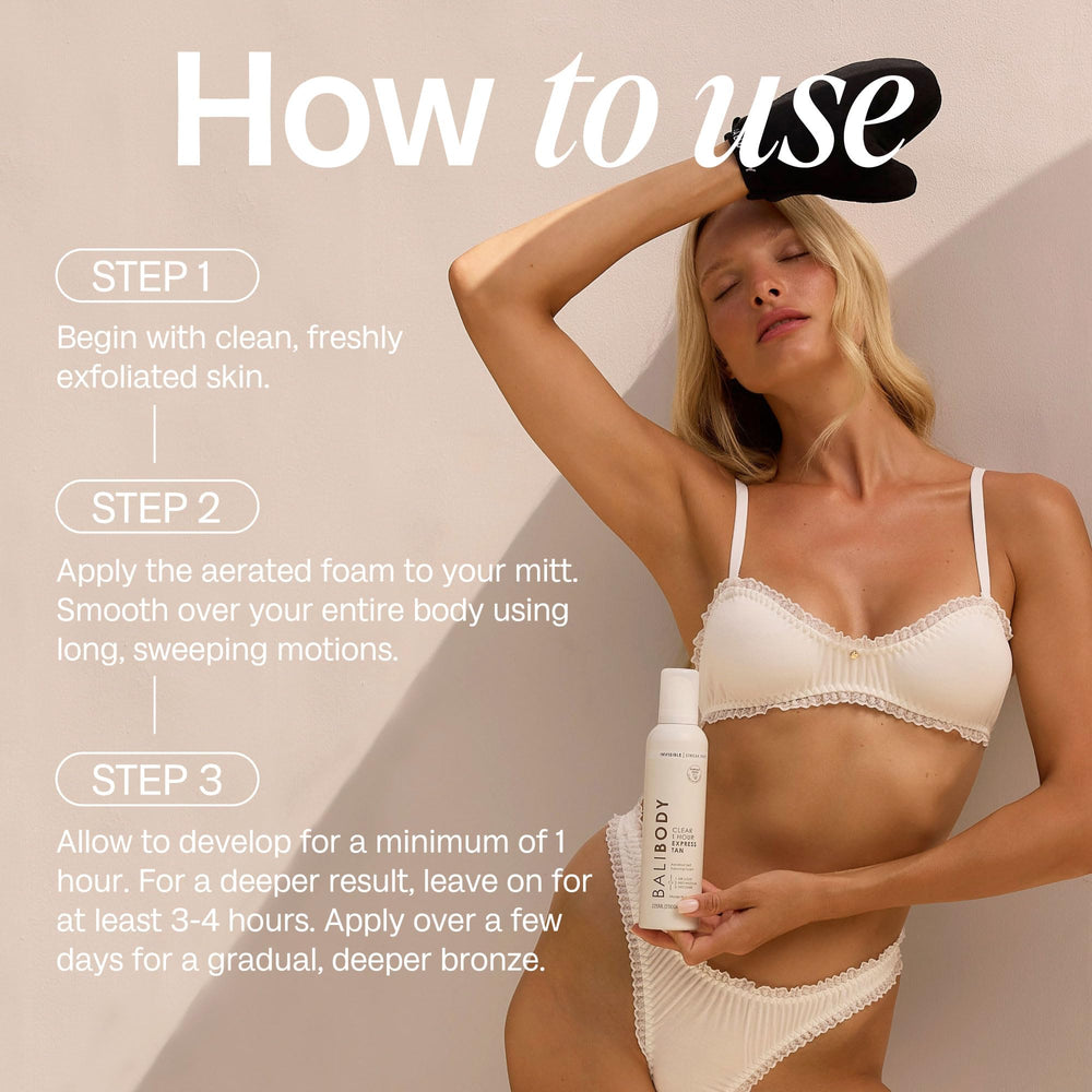 BALI BODY Clear express tan packaging with clean design.