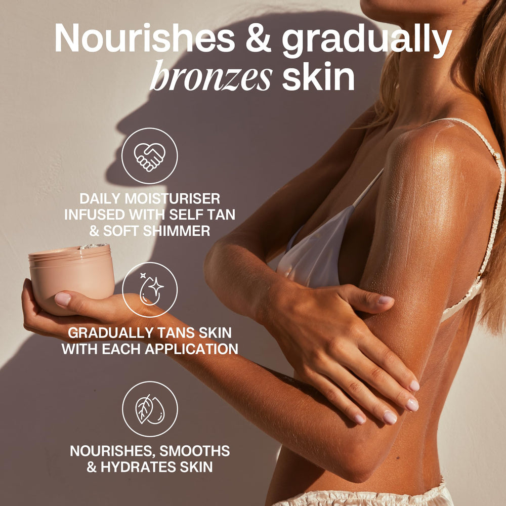 Bali Body Gradual Tanning Butter application steps illustrate gradual color build.