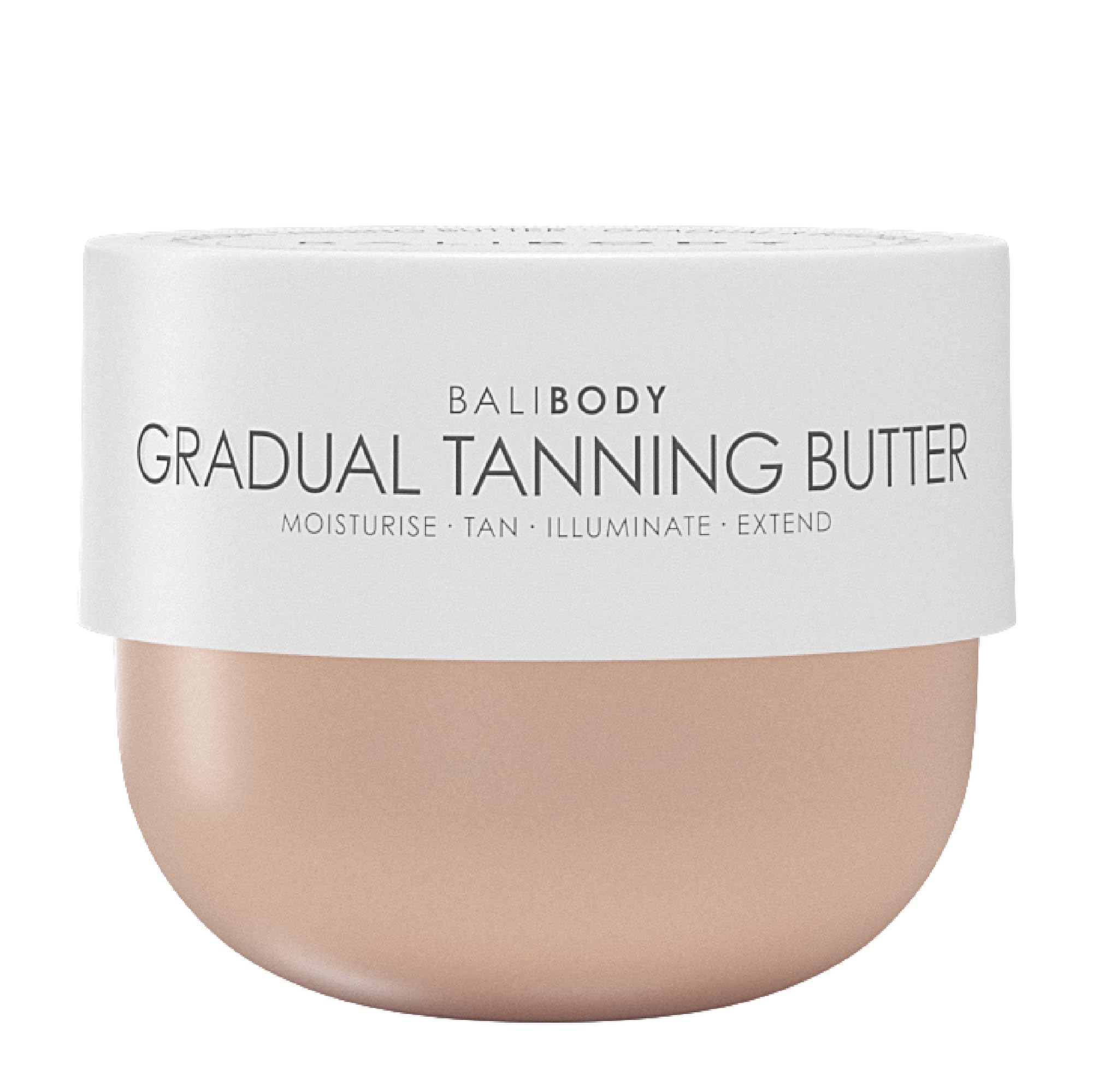Bali Body Gradual Tanning Butter bottle closeup showing buildable glow.