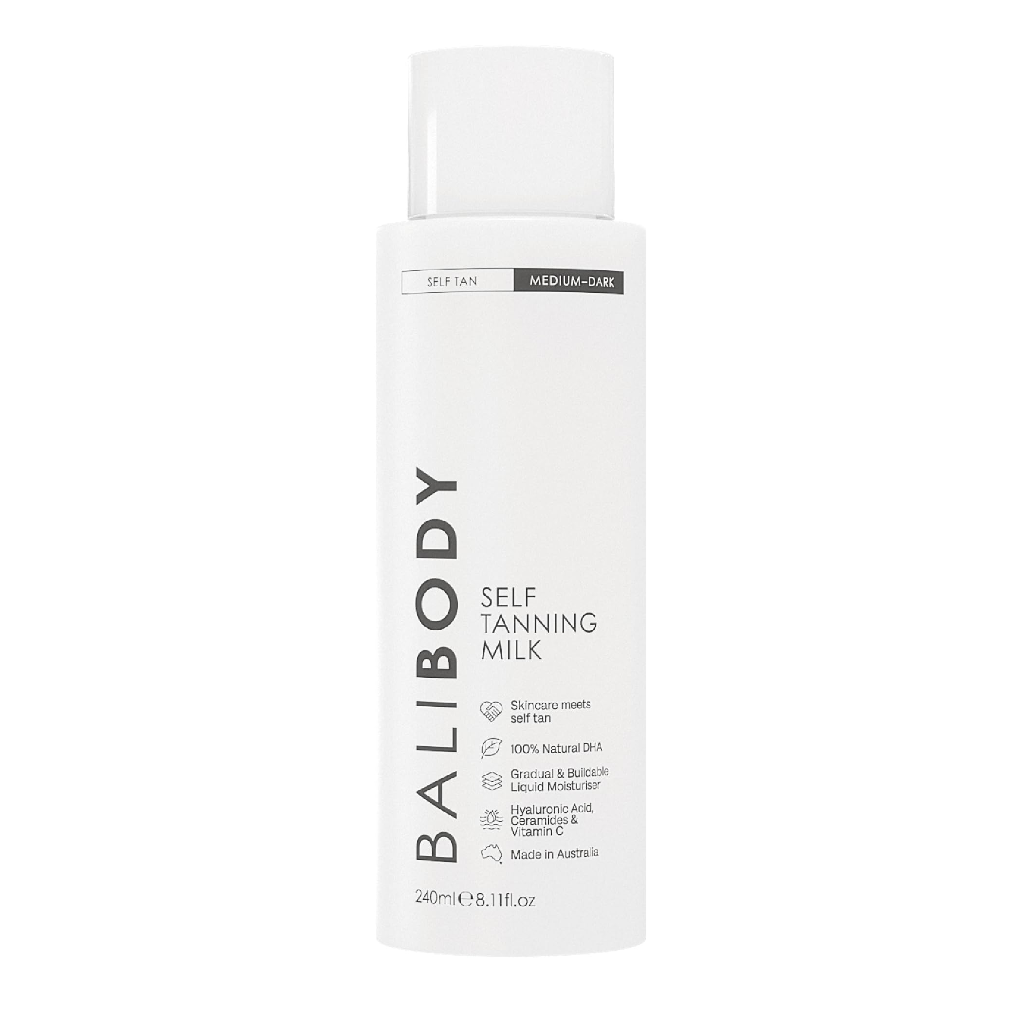 Bali Body Self Tan Milk bottle highlighting lightweight formula for a gradual glow