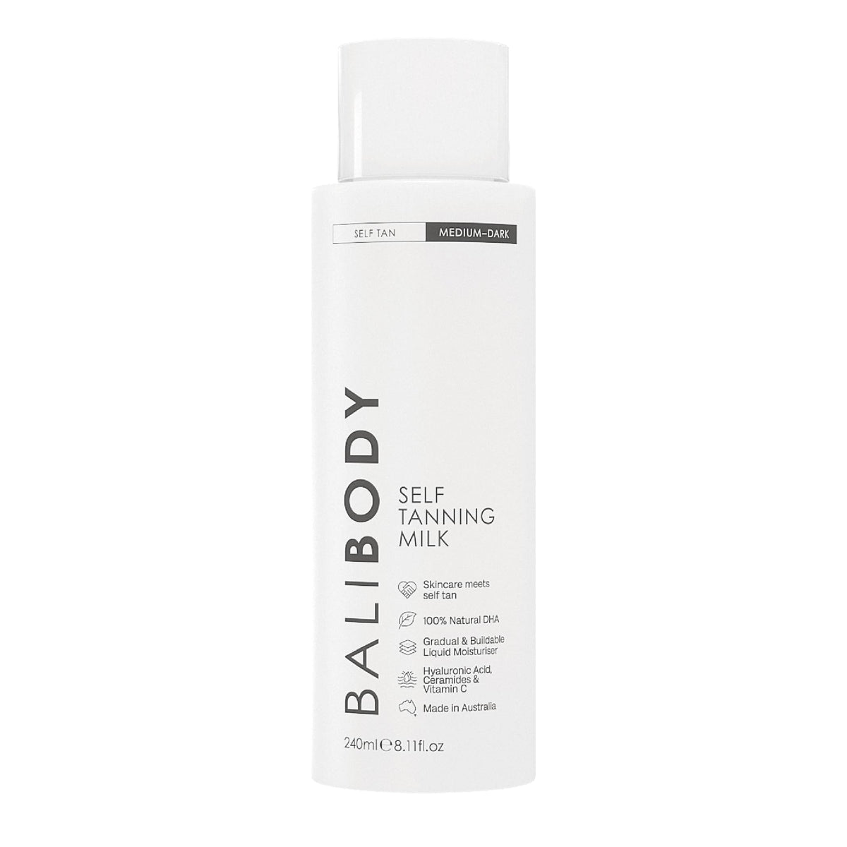 Bali Body Self Tan Milk bottle highlighting lightweight formula for a gradual glow