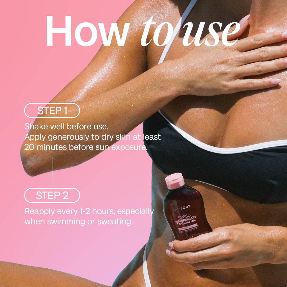 Bali Body Watermelon Tanning Oil SPF50 reef-friendly label indicating vegan cruelty-free ethics