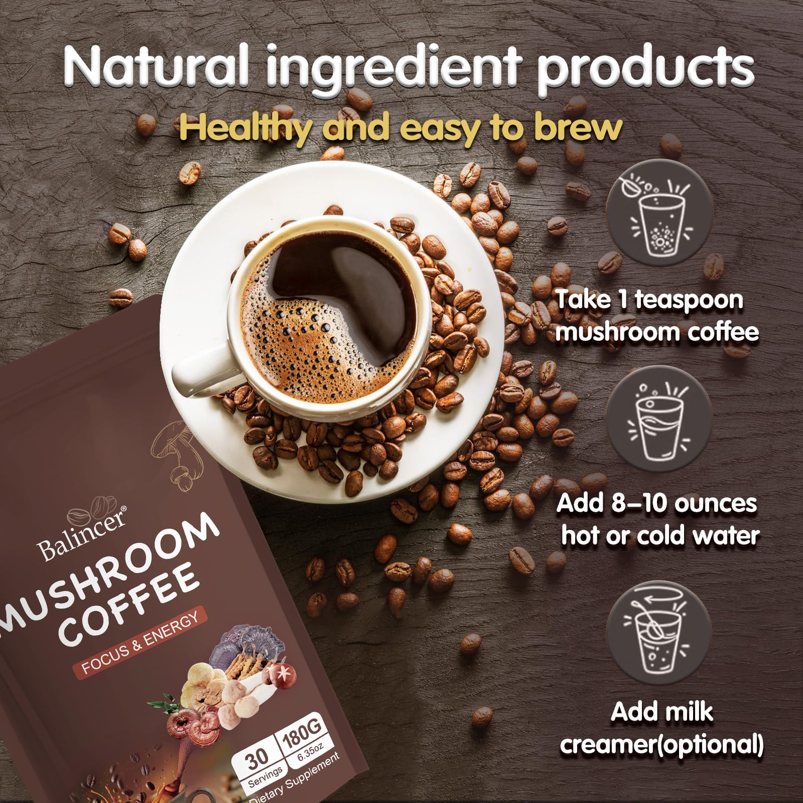 Balincer Mushroom Coffee iced-non-dairy demonstrates refreshing cold brew compatibility.