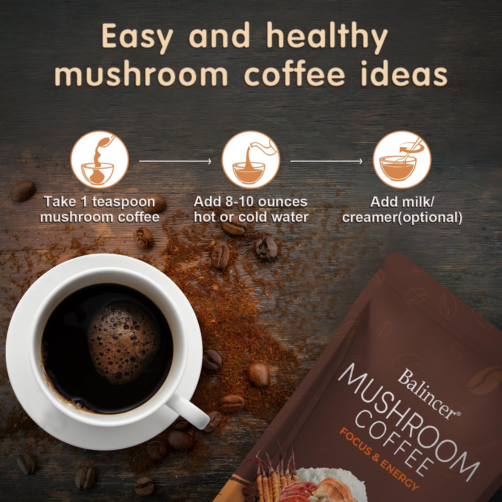 Balincer Mushroom Coffee ingredients label highlighting adaptogens.