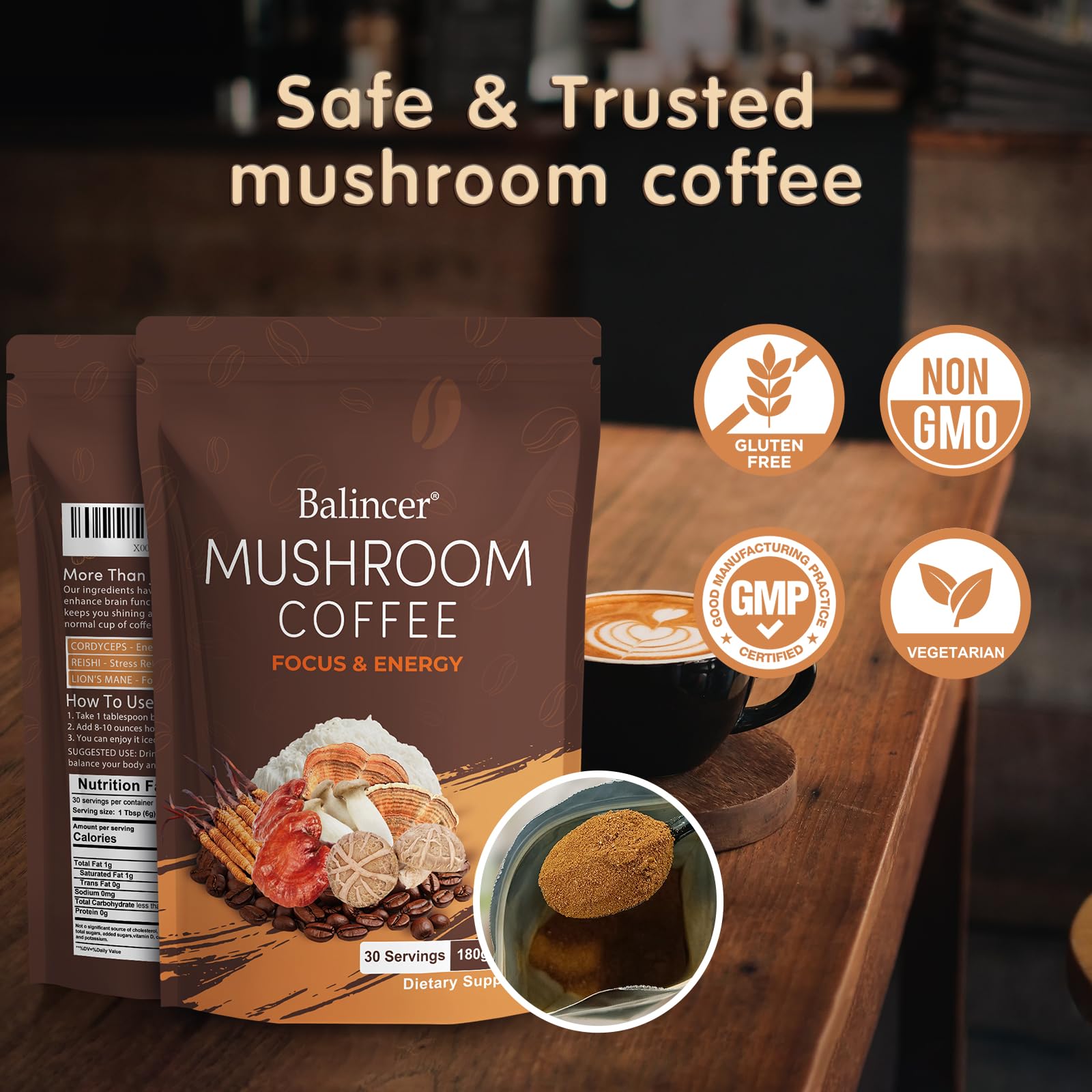 Balincer Mushroom Coffee label featuring Lion's Mane and Cordyceps.