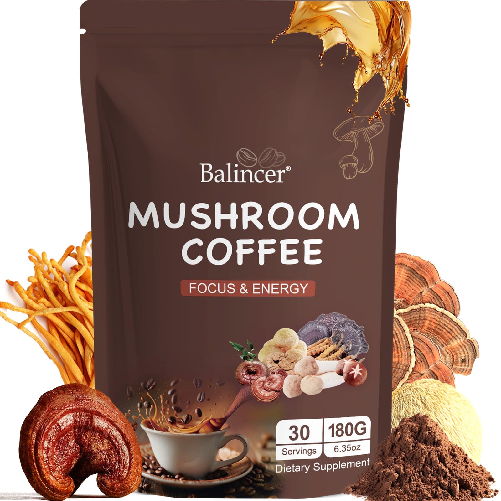 Balincer mushroom coffee packaging showing freshness and premium ingredients for steady energy.