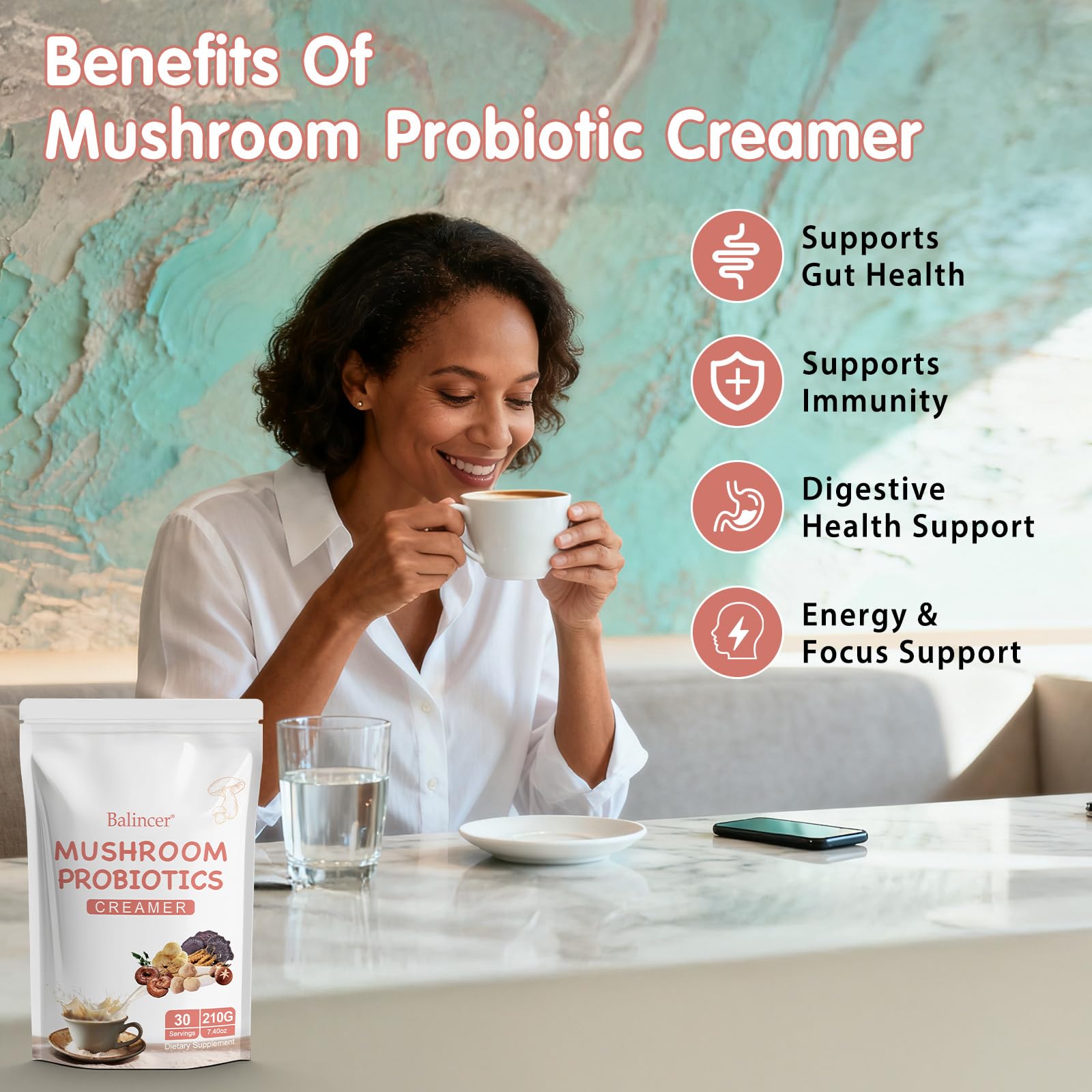 Balincer illustration of probiotics and mushroom blend indicating content depth