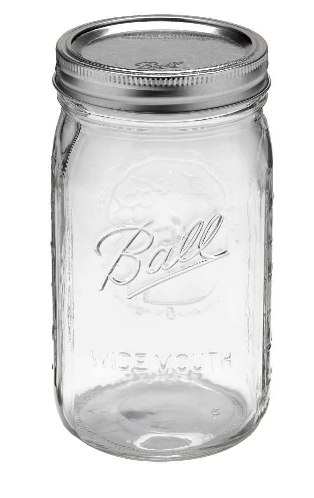 Ball quart jar with silver lid and wide mouth for preserving salsas and syrups