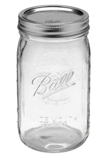 Ball quart jar with silver lid and wide mouth for preserving salsas and syrups