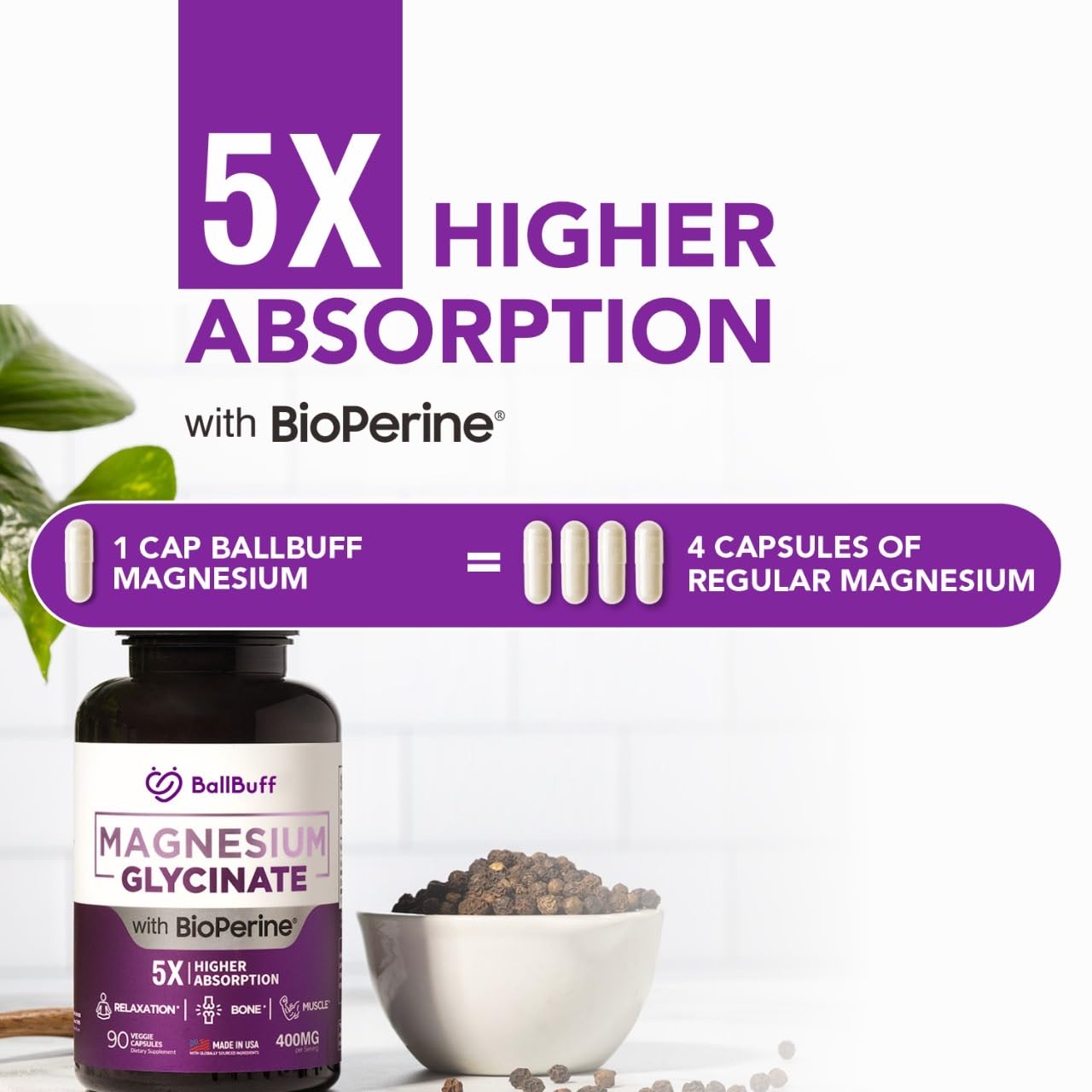 BallBuff Magnesium Glycinate 400mg capsules for calm sleep and relaxed muscles.