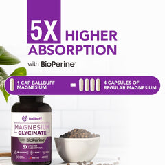 BallBuff Magnesium Glycinate 400mg capsules for calm sleep and relaxed muscles.