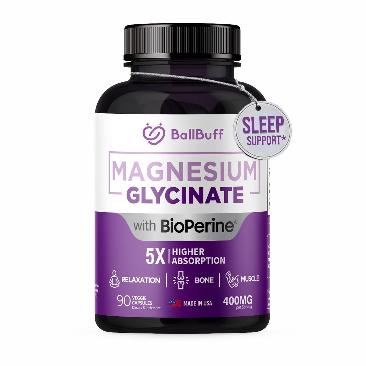 BallBuff Pure Magnesium Glycinate 400mg bottle highlighting high-absorption formula for daily wellness.