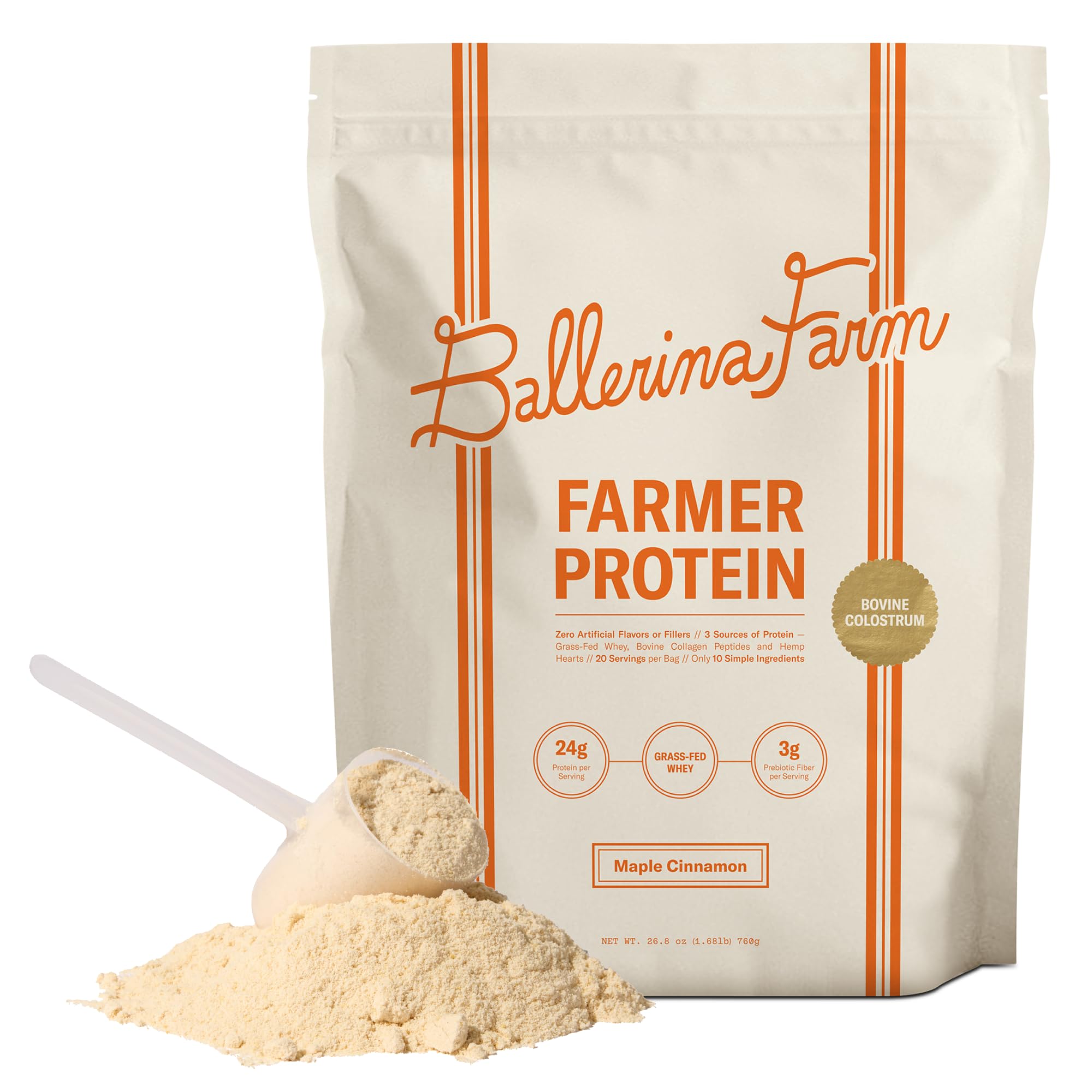 Ballerina Farm maple cinnamon whey protein bag for a post-workout shake.