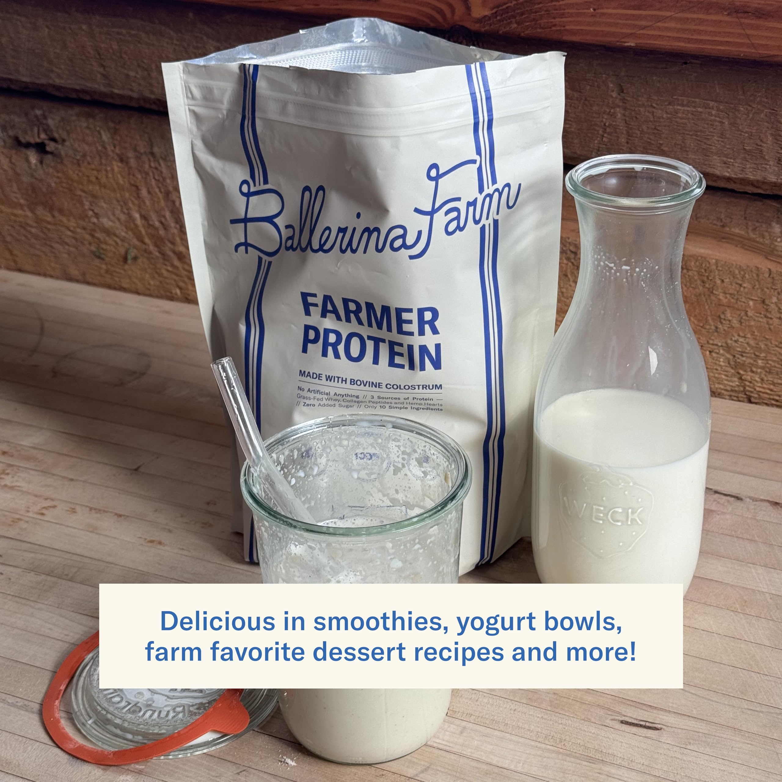 Ballerina Farm whey protein powder closeup for smooth shakes.