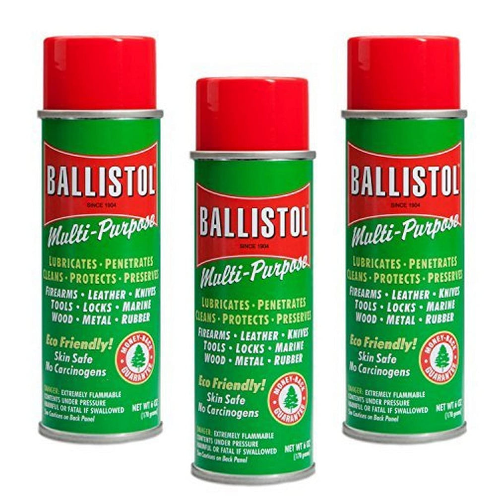 Ballistol 3-pack cans, front view, for versatile lubrication and protection.