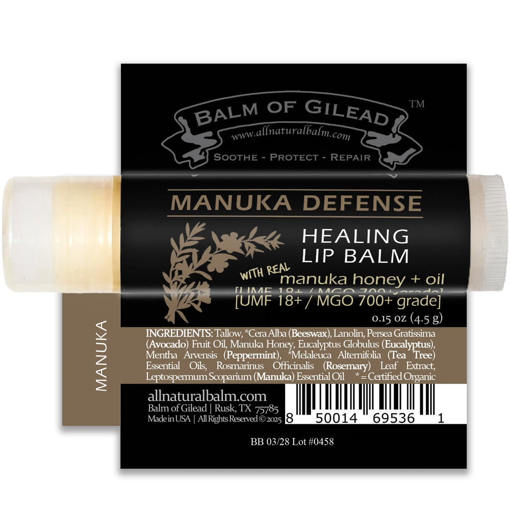 BALM OF GILEAD Manuka Defense usage shot showing application on lips