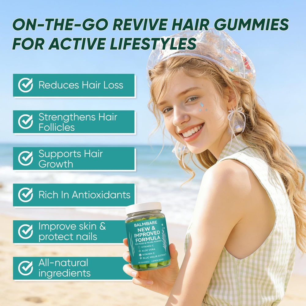 Balmbare Revive Gummies featuring pearl powder for hair vitality.