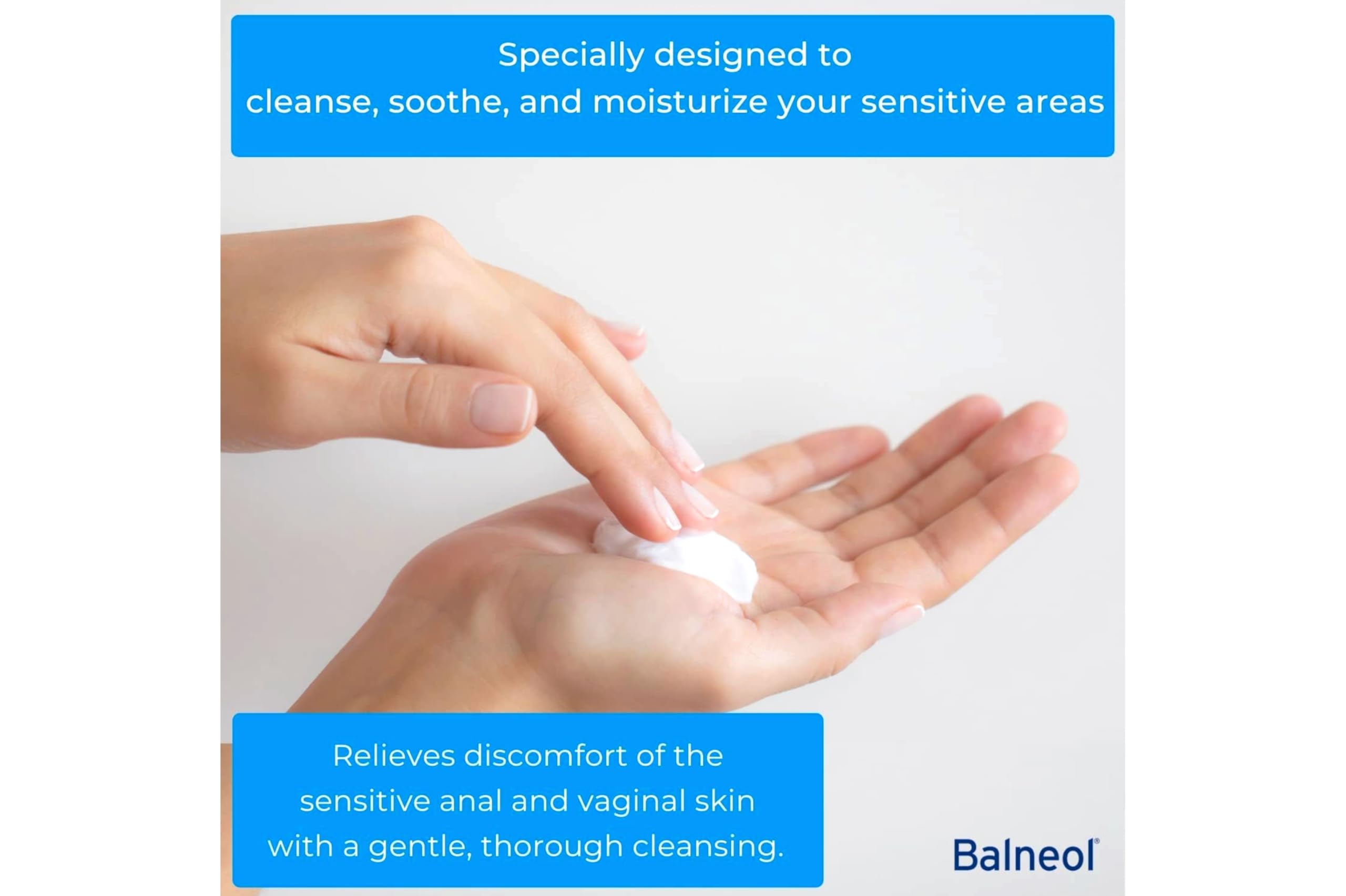 Balneol bottle held during use suggests soothing relief after bathroom visits.