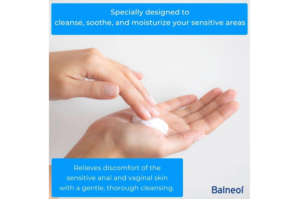 Balneol bottle held during use suggests soothing relief after bathroom visits.