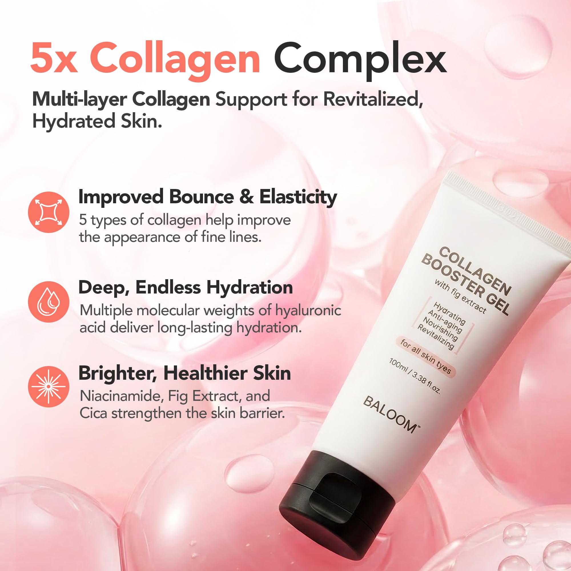 BALOOM Collagen Booster Gel Serum texture close-up reveals creamy gel.